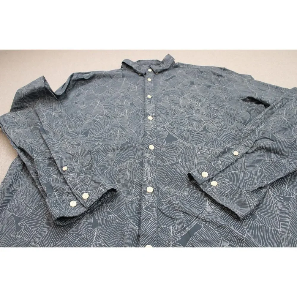 H&M Shirt Mens Large Blue Tropical Leaf Cotton Regular Fit Long Sleeve Button-Up